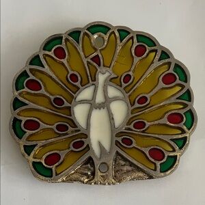 VTG MCM Cast Peacock Trivet Stained Glass Red green gold Colorful 5.25”x5”